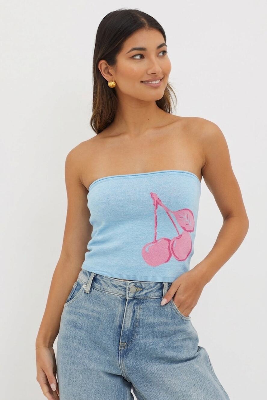 Derek Heart Cherry Strapless Sweater Knit Tube Top Blue Pink Coquette Y2K Size L